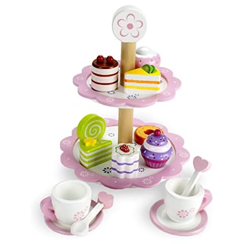 Wood 15-Piece Tea Time Pastry Tower by Imagination Generation | Toy Dessert Stand with Tea Set, Cakes, Cupcakes | Pink Tower Cover