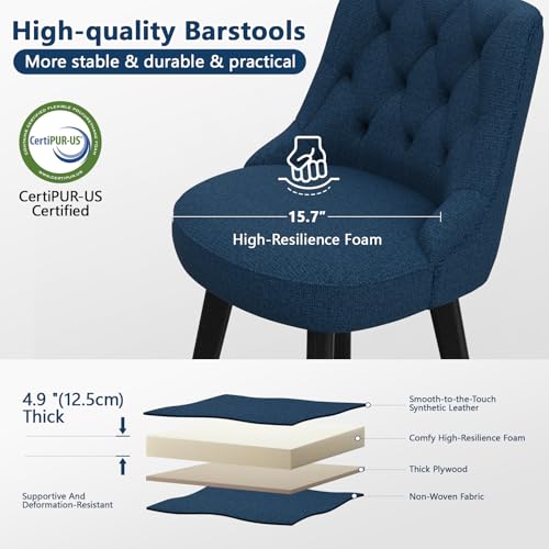 Vipbear Modern 26 Inch Bar Stools Set of 2, Swivel Height Counter Stools with High Back, Upholstered Barstool, Bar Chair with High Back, Wood Legs for Bar, Dining Room, Kitchen Island, Blue Seat