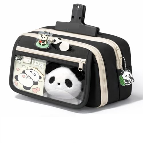 Image of Panda Pencil Case,Cute Design Large Capacity with Transparent Window, Includes Panda Doll and Stickers (Black)