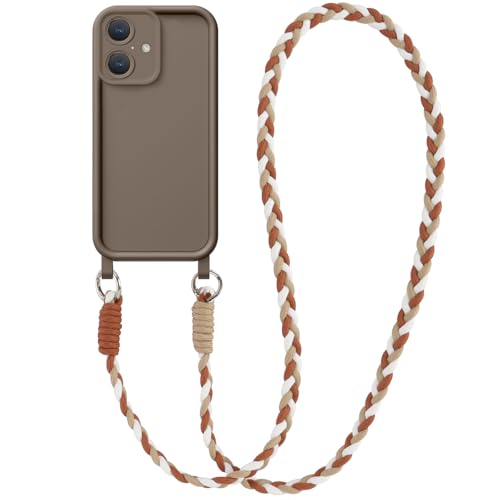 Coiwxmoi Cover per iPhone 16 con Cordino, Custodia Doux Silicone con Regolabile Collana Ultra Sottile Antiurto AntiGraffio Protettiva Case con Laccio Tracolla per iPhone 16 6,1', Cachi