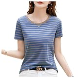 [コウエイストア] カットソー レディース 半袖 Ｖ/Uネック 2タイプ ボーダー柄 Ｔシャツ ストレッチ ブルー Aタイプ Y3038-a-bu-m