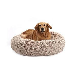 Bedfolks Calming Donut Dog Bed, 36 Inches Round Fluffy for Large Dogs, Anti-Anxiety Plush, Machine Washable (Brown, Large)