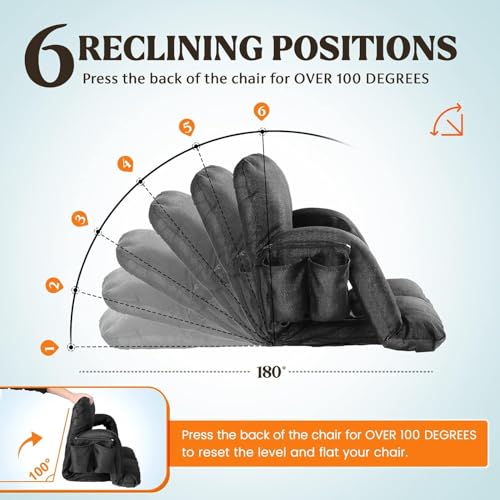 Wide Stadium Seats with Back Support, Bleacher Chairs with Back and Cushion, 6 Reclining Positions, Stadium Chair Bleacher Seat with Armrests for Sport Events, Camping, Concerts (Black, 22.5\")