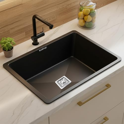 Image of BASINQU Quartz Kitchen Sink 24 x 18 x 9 Inch Granite Kitchen Sink Single Bowl Black Quartz Sink for Kitchen Basin Sound Dampening Scratch Resistant UV-Protected Noise Reducing sinks