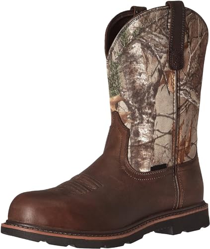 Work Boots for Men - Composite Toe Brown Combat Boots, Pull On Chunky Heel Round Toe Cowboy Boots