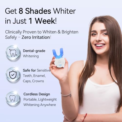 Image of JTF Portable Teeth Whitening Kit: LED Accelerator Light with 5 Whitening Gel and 1 Remineralization Gel, 35% Carbamide Peroxide, Battery Powered Teeth Whitener to Remove Stain for Brighter White Smile