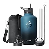 BUZIO Insulated Water Bottle 64 oz with Straw Lid (3 Lids), 64oz Stainless Steel Bottle Half Gallon Jug Flask, Double Wall Vacuum Sports Thermo Mug, Cold Hot Hydro Metal Canteen, Indigo Black