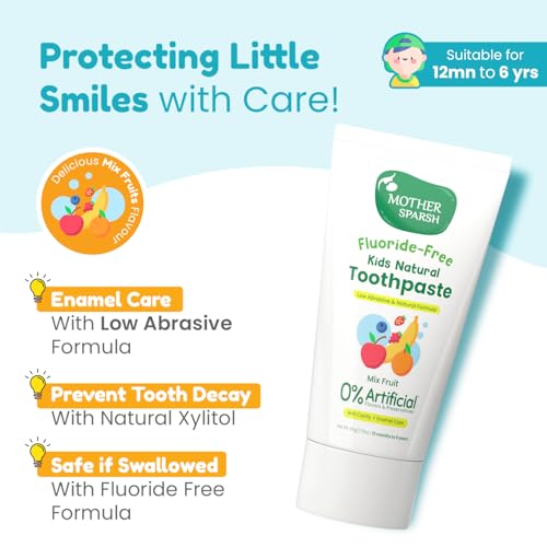Image of Mother Sparsh Toothpaste for Kids-50g, Mix Fruit (With Free Toothbrush) | Strengthens Gums, Whitens Teeth | Preservative & Fluoride Free Baby Toothpaste | Anti Cavity + Enamel Care