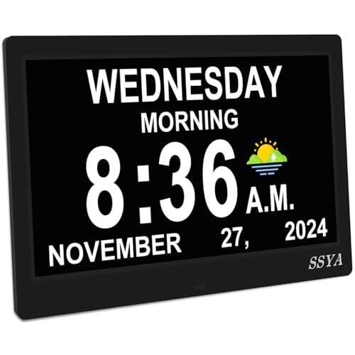 Image of SSYA Dementia Clock for Seniors, Digital Clock with Date and Day of Week, Auto DST, Non-Abbreviated Large Calendar Alarm Clocks (Black)