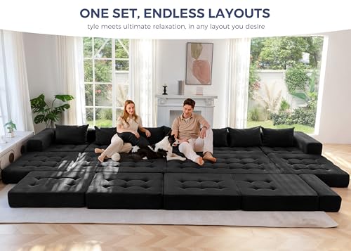 Image of MAXYOYO Modular Sectional Sofa Couch, Foldable Oversized U Shaped Cloud Couch with Pillows, Tufted Boneless Lounger Floor Sofa Bed for Living Room, No Assembly Required, Black