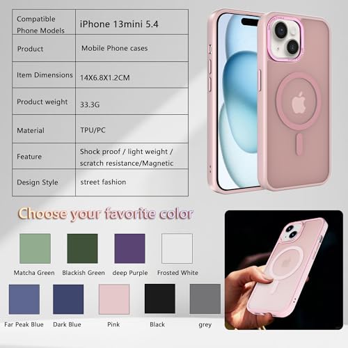Image of Magnetic iPhone 13 mini case,Compatible with Magsafe, Military-Grade Protection,Slim Translucent Matte Shockproof with Anti-Scratch Anti-Fingerprint Phone Cover (Pink, iPhone 13mini)