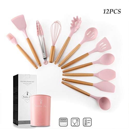 Conjunto com 12 utensílios de cozinha de silicone, com alças de madeira, colher antiaderente resiste