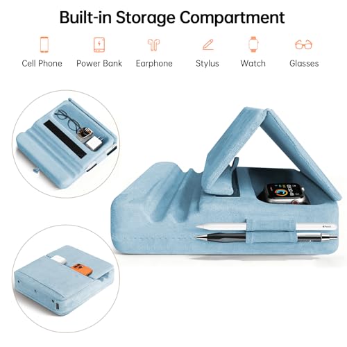 Image of Tablet Pillow Stand with Storage, Foldable iPad Holder for Lep, Bed, Sofa, and Desk - Soft Pad Dock with Pocket and Stylus Mount Compatible with 4-13 inch iPad Pro /Air /Mini, Galaxy Tab, Kindle