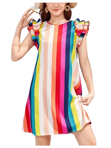 Floerns Girl's Rainbow Striped Print Ruffle Trim Cap Sleeve Short Tunic Dress