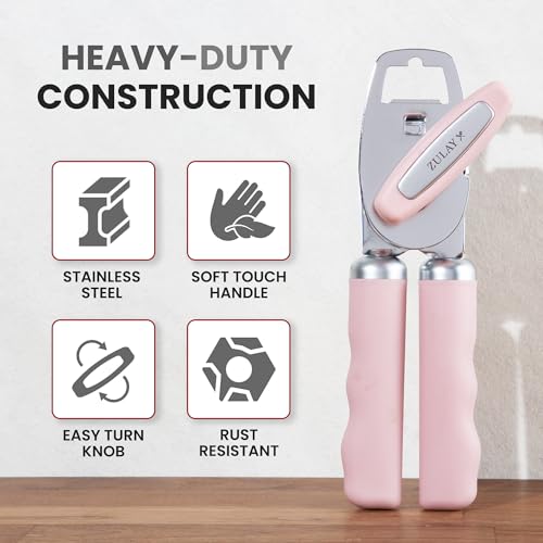 Image of Zulay Kitchen Manual Can Opener Heavy Duty Patented Stainless Steel, Pink