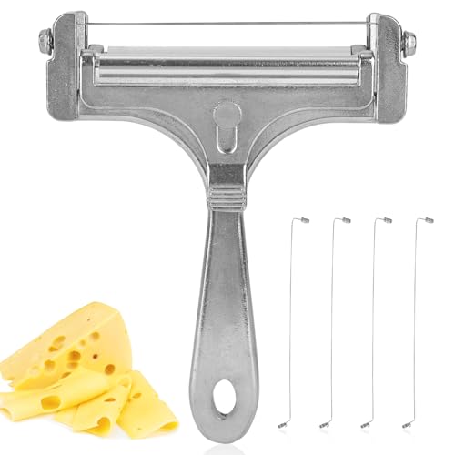 lasuroa Käseschneider, Käsehobel mit Draht aus Edelstahl mit 4 Zusätzlichen Drähten Verstellbarer Hand Käseschneider für Cheddar Gruyère Mozzarella Küchenschneidewerkzeuge (Glänzendes Silber)