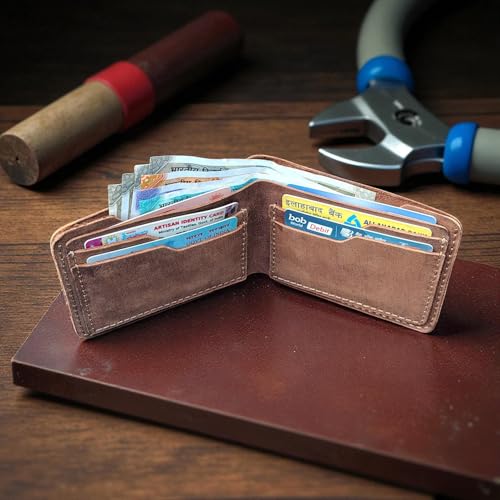 Image of Men's Bi-Fold Wallet - Genuine Rustic Brown Leather, 6 Card Slots & Cash Compartment, Easy Access Design, Hand Crafted- Stylish & Durable Wallet Gift