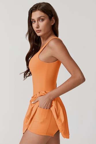 Image of QINSEN Womens Square Neck Tennis Dress Pleated Sleeveless Built in Shorts Golf Athletic Dress with Pockets