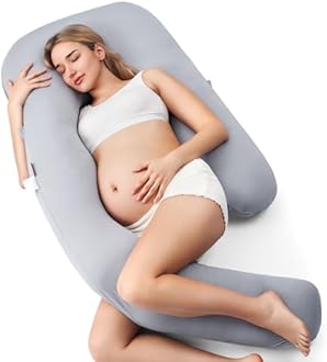 Momcozy Pregnancy Pillow with Cooling Cover, Dreamlign U Pro Maternity Pillow with Adjustable Leg Pillow - Support for Back, HIPS, Belly, Legs for Pregnant Women, 50-72 Inch Full Body Pillow, Grey