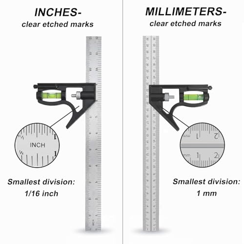 Ryqoru 12-Inch Combination Square, Metric & Imperial, Etched 1/16 in & 1 mm Graduations, 410 Stainless Steel Rule, Powder-Coated Aluminum Head, 90°/45° Marking, Built-in Level for Woodworking - Thumbnail 3