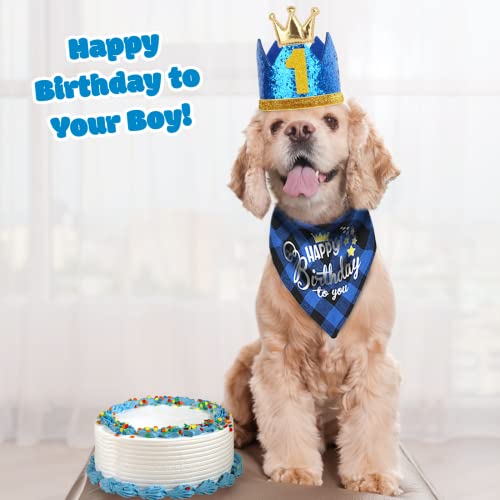 Dog Birthday Costume Set, Boy Dog Birthday Crown Hat Plaid Bandana with Bowtie and Numbers 0-9, Dog Triangle Birthday Scarf Outfit set for Small, Medium, Large Dogs, Blue