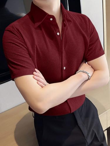Image of GRECIILOOKS Shirt for Men | Mens Casual Shirt | Men Stylish Shirt | Men Waffle Shirt | Men's Regular Fit | Men Formal Shirt | Short Sleeve Shirt for Summer Outdoor Activities |Textured Shirts for Men
