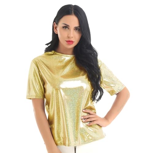2026 - Camiseta de mujer con cuello alto, brillante, color sólido, corsé de manga corta para mujer, dorado, M