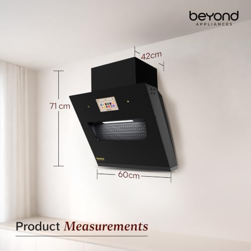 Image of Beyond Appliances Eris 60cm BLDC Kitchen Chimney | 1800 CMH Suction | Auto Clean | Filterless | Smart Touchscreen Display | Touch Control | Slant | Black