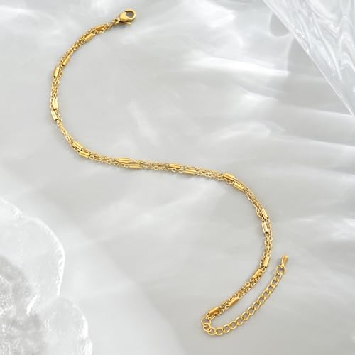Image of 18K Gold Plated Anklets for Women Dainty Non Tarnish Ankle Bracelets Cuban Link Chain Anklets Layered Heart Beads Rhinestone Anklet Trendy Foot Jewelry
