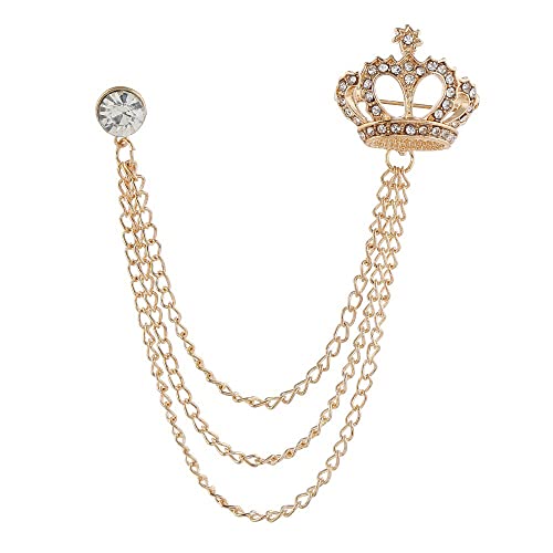 Rhinestone Crown Long Chain Brooch.Gold Silver Tassel Brooch Pins,Retro Crystal Suit Pins Collar Coat Pin for Men's Accessories Pin Husband Gifts (Gold)