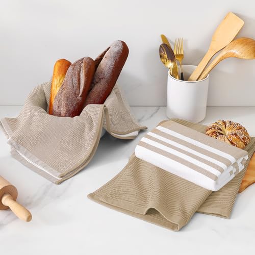 Image of Homaxy Premium Kitchen Towels(18 inchx 28 inch, 9 Pack), Large Cotton 380 GSM Kitchen Hand Towels, Soft and Absorbent Terry Dish Towels, Multipurpose Tea Towel Set with Hanging Loop, Khaki