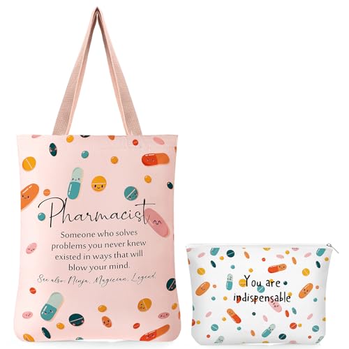 2 Pcs Pharmacist Gifts for Women Pharmacist Canvas Tote Bag Makeup Zipper Cosmetic Bag Pharmacy Technician Accessories for Women Doctor Nurse Surgical Tech Week Gifts