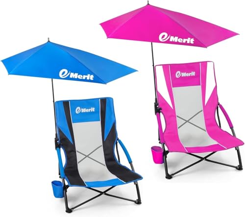 Image of EMERIT Low Beach Chairs for Adults with Removable UPF 50+ Umbrella, Lightweight Folding Backpack Camping Chair with Cup Holder, Portable Sand Chair for Beach, Picnic, Lawn