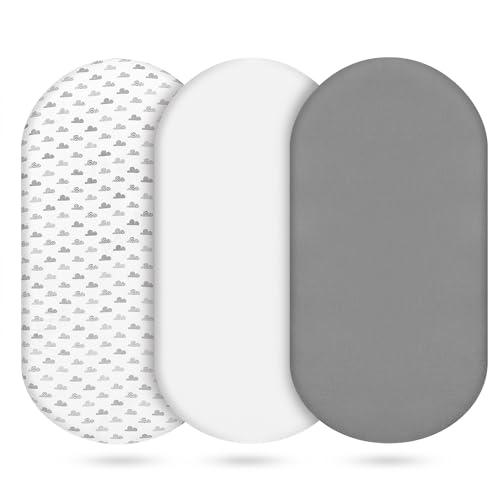 Image of Muslin Bassinet Sheets 3 Pack, Cotton Bassinet Sheets for Baby Girl and Boy, Breathable Bedside Sleeper Bassinet Fitted Sheet, Universal Rectangle & Oval Bassinet Cover, 28x14 to 33x18, Cloud Gray