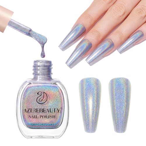 AZUREBEAUTY Holographic Nail Polish no Gel Fast Drying Silver Iridescent Natural Nail Lacquer High Shine DIY Salon Home Women Gifts 10ml