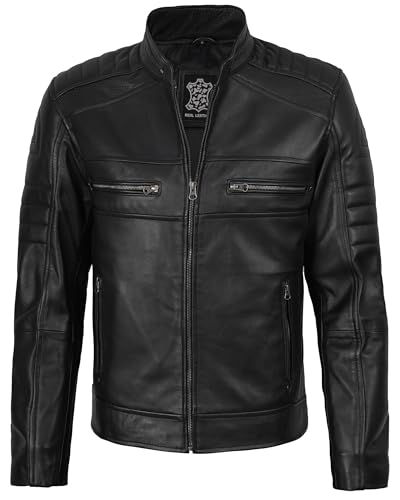 Image of fjackets Leather Jacket Men Real Lambskin - Cafe Racer Moto Style, Stand Collar Zip Up Jacket