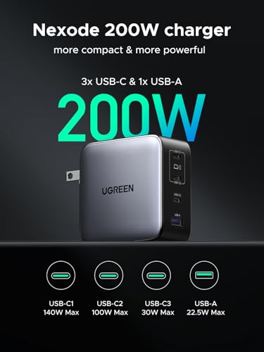 Image of UGREEN Nexode 200W GaN USB C Wall Charger, 4-Port Foldable Compact Fast Type-C Power Adapter Compatible with MacBook Pro /Air, Dell XPS, HP 14, iPad, iPhone 17 /16 /15 Series, Galaxy S25 /S24, Pixel 10 /9