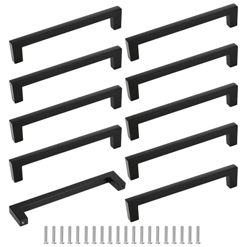 elthmpr Black Kitchen Cupboard Handles - 10 Pack Kitchen Door Handles 128mm Hole Centers Wardrobe Handle Brushed Finish Stainless Steel for Drawer Cabinet Bathroom Sliding Door