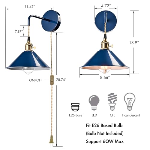 Image of Plug-in Macaron Wall Sconce, Hanging Height-Adjustable Wall Lamp Set of Two, Hardwire Optional, Blue Industrial Wall Light Fixture for Home Office