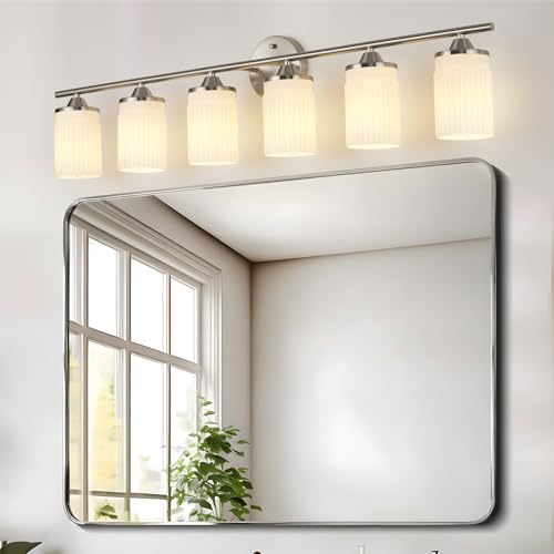 Image of Jonsi Nickel Bathroom Light Fixtures 6-Light Vanity Lights Modern Wall Sconce with Milk White Shade Brushed Nickel Bathroom Light Fixture Over Mirror for Bedroom Hallway Kitchen