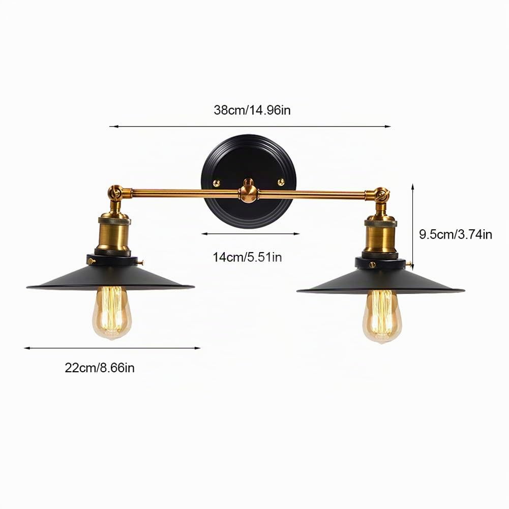 Zerodis Lámpara de Pared, Apliques de Pared Bañadores de Pared Lámpara Vintage 40W Luz Industrial Estilo Retro Casquillo E27 La Carcasa de Fuera Negra (Bombilla No Incluida)(Double Head)