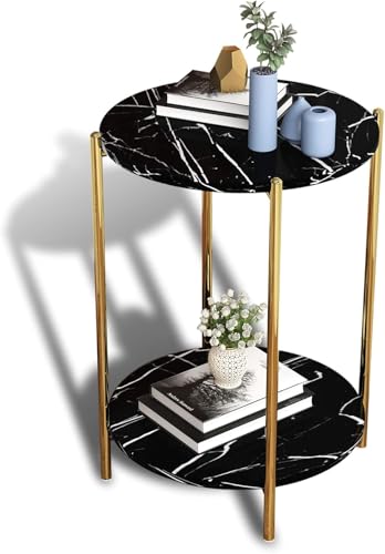 Image of Round End Table 2-Tier Side End Table with White Marble Top,Bedside Table for Living Room or Bedroom, Modern Accent Table with Metal Frame (Gold & Black)
