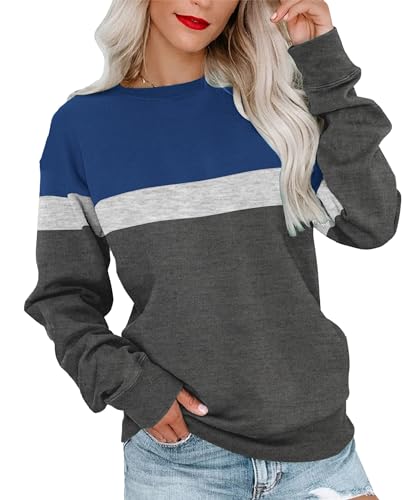 FKEEP Womens Crew Neck Sweatshirt Colorblock Pullover Tops Casual Splicing Long Sleeve Lightweight Blouse Tee(P15,XX-Large)
