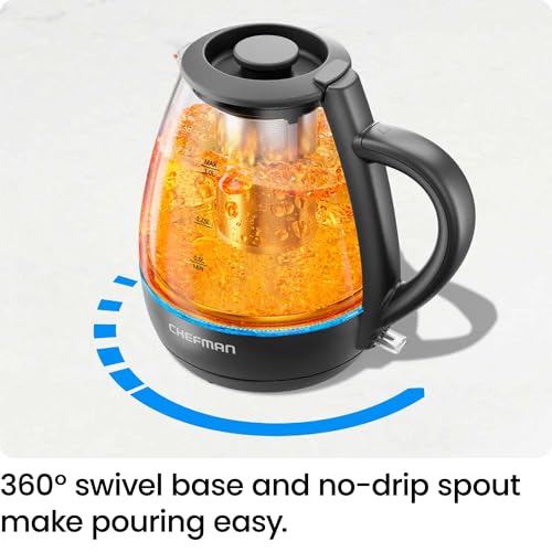 Chefman Electric Kettle with Tea Infuser, 1L 1500W, Removable Lid for Easy Cleaning, Boil-Dry Protection, Stainless Steel Filter, BPA Free, Auto Shut Off Hot Water Boiler, Small Electric Tea Kettle
