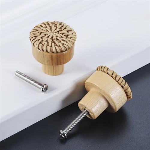 Pomos redondos de madera y mimbre trenzado para cajones y muebles de baño 3