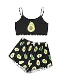GORGLITTER Damen Cami Schlafanzug Set Spaghettiträger Crop Top Short Sets Süßer Pyjama Set Sommer Schlafanzüge Schlafi Schwarz und Grün S