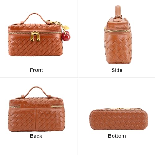 Image of Small Woven Box Crossbody Bags for Women Designer Leather Mini Top Handle Clutch Purse Square Vanity Bag with Cherry Charm