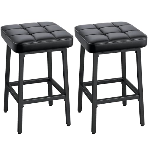 VECELO Modern Counter Height Bar Stools Set of 2, 24″ PU Leather Upholstered Counter Stools with Metal Frame, Backless Square BarStools Bar Chairs for Kitchen Island, Black