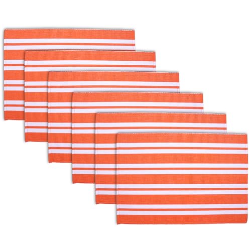 Image of Encasa XO Dining Table Mats Set of 6, 46x32 cm | Handmade Franca Orange Stripes Ribbed Cotton Table Mat | Heat-Resistance Table Placemats, Non-Slip, Washable & Durable Place mat for Dining Table