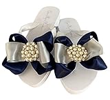 Pearl Rhinestone Bow Flops with Custom Colors, Navy White or Ivory, Customized Wedge Flat Heel, Wedding Bridal Sandals -  Bow Flip Flops